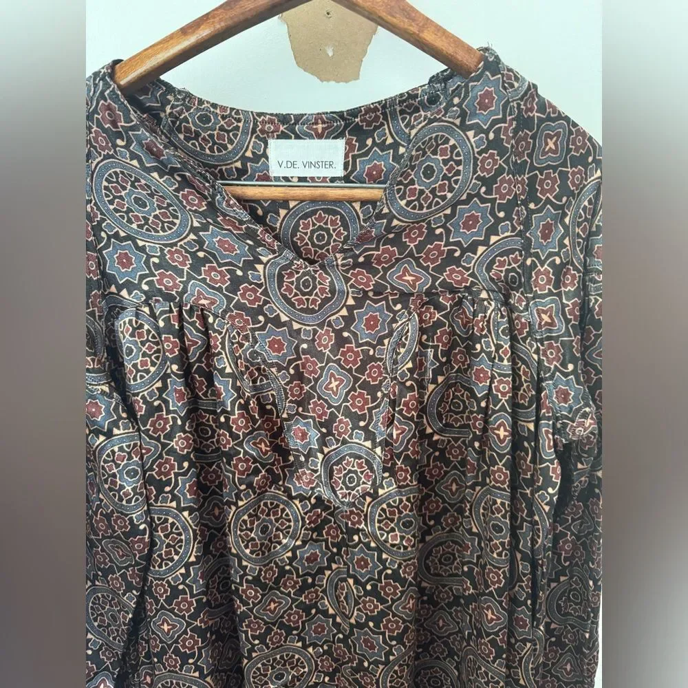 V. DE. VINSTER Midi Length Geometric Dress 100% Silk Size Medium Boho LagenLook